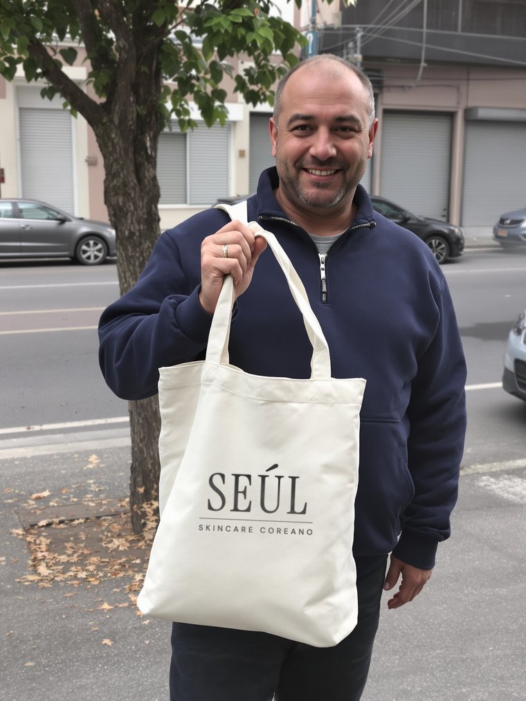 Sergio con la bolsa de Seúl